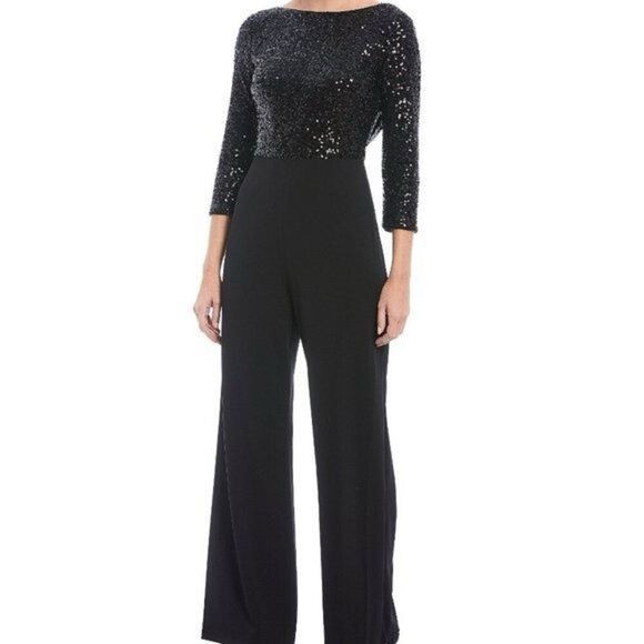 Badgley Mischka Size 2 Maya Stretch Sequin Jumpsuit Black Glam Formal Event - Picture 1 of 11